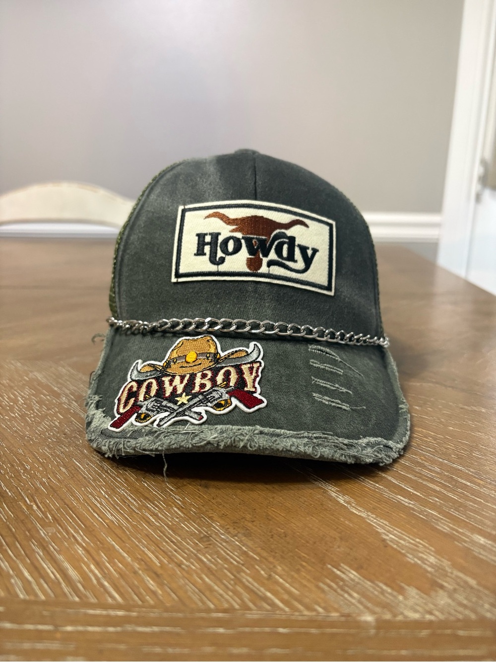 Distressed Olive 'Howdy' Cowboy Chain Baseball Cap